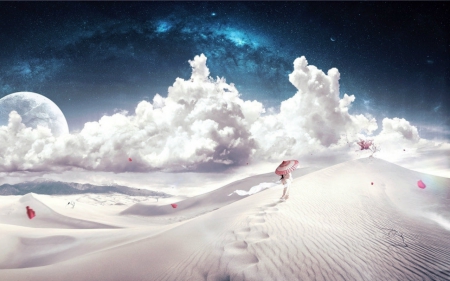 White Desert - white, sky, clouds, dessrt, woman