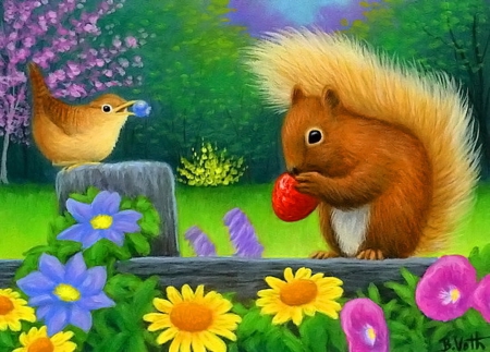 Cute friends - freshness, trees, squirrel, animals, greenery, spring, painting, art, pretty, cute, adorable, summer, lovely, bird, fruit, nature, beautiful, sweet, flowers, friends