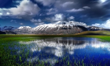 Serenity - clouds, quiet, blue, beautiful, landscape, grass, lovely, reflection, mountain, calmness, nature, mirror, tranquility, serenity, lake, sky