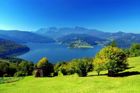 Lovely lake view - lakeshore, slope, lake, sky, mountain, trees, landscape, hills, summer, nature, view, beautiful, grass