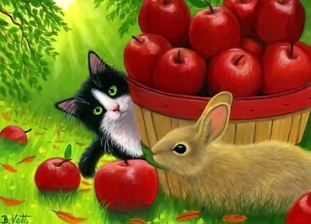 In the apple garden - plenty, grass, apples, kitten, red, garden, yummy, fruits, art, greenery, rabbit, frields, beautiful, freshness, bunny, sweet, cat, basket, painting, cute, adorable, animals, kitty