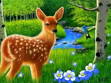 Forest paradise - trees, paradise, stream, greenery, meadow, creek, painting, art, river, cute, birds, summer, deer, serenity, nature, forest, beautiful, flowers, roe