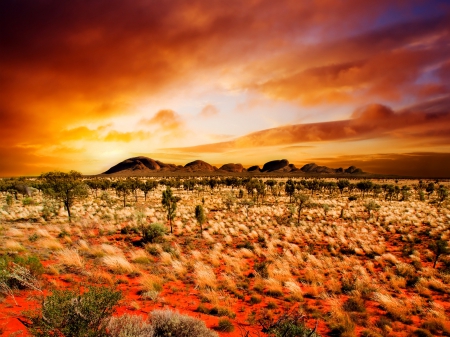 Desert Sunset - painted hills, clouds, hills, desert, trees, sunset, painted desert, australia