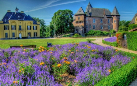 Purple garden - house, fllowers, purple, garden