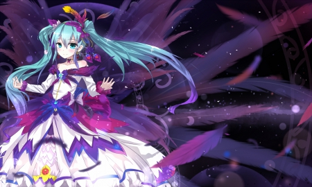 Wild Feather - pretty, miku hatsune, twin tail, female, maiden, blue hair, nice, gown, beauty, feather, cg, lady, vocaloid, anime, elegant, twintail, dress, hatsune miku, long hair, gorgeous, hd, twin tails, anime girl, twintails, beautiful, orgeous, girl, lovely, sweet, miku, aqua hair, hatsune, vocaloids