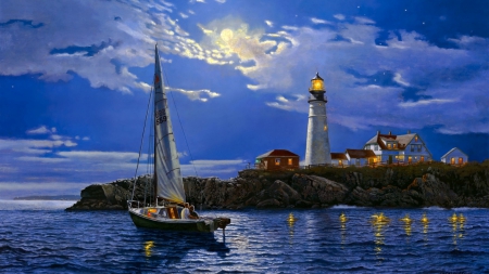 lighthouse - lighthouse, ocean, sailboat, sunset