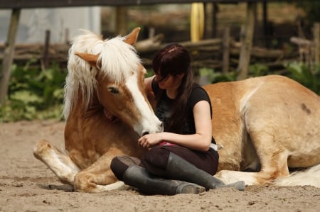 Best Of Friends - cowgirl, boots, dirt, fence, brunette, horse