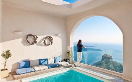 What a View - Woman, Window, Ocean, Pool, View