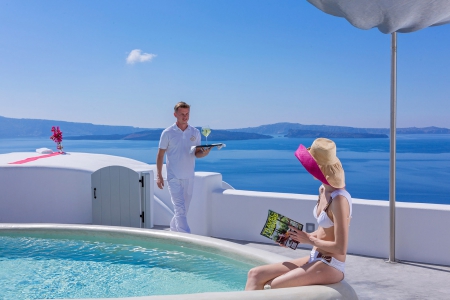 Vacationing in Santorini - santorini, pool, greece, beautiful view, retreat