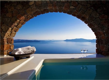 Sunrise in Santorini - santorini, greece, towels, pool