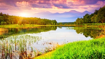 Ethereal Sunlight Over The Lake - lake, water, mountains, sunset, forest, reflection, clouds, green grass, beautiful