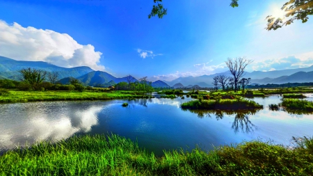 Morning Lake - clouds, calm waters, morning view, trees, beautiful, lake, mountains, green grass