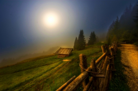 Enchanted Moonlight - moon, hut, hillside, fence, night, mountains, road, forest, mystic atmosphere, beautiful, grass