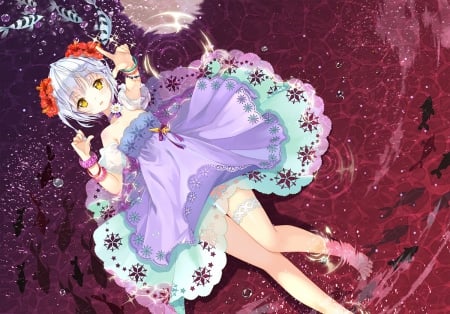 Look At That!! - girl, water, colorful, shore, barefoot, choker, pretty, fish, anime, sea, dress