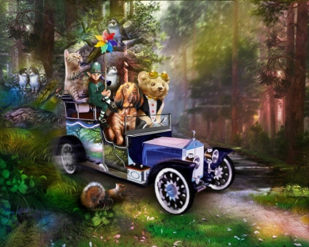 Promenadedanslesbois - fantasy, car, abstract, dog