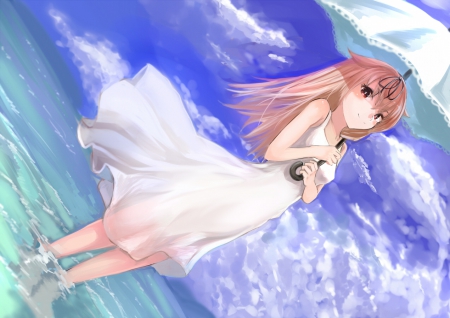 ~Yuudachi~ - clouds, anime, water, dress, kantai collection, ocean, umbrella, yuudachi, barefoot, sky