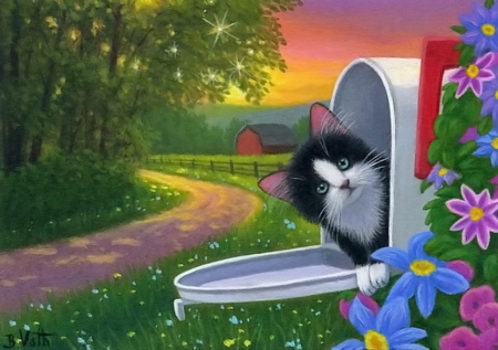 Gotcha! - painting, flowers, path, cat