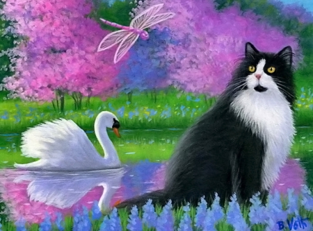 Painting - purple, swan, cat, dragonfly