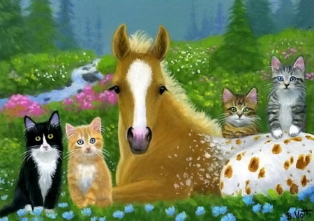 Painting - painting, garden, horse, kittens