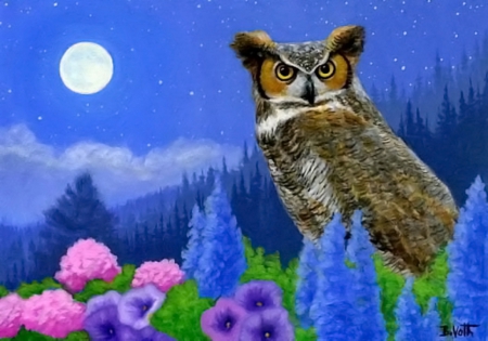 Painting - flowers, moon, owl, night