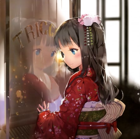 Reflection - nice, beauty, female, glasses, anime girl, pretty, reflection, anime, kimono, cute, adorable, girl, long hair, lovely, cg, sorrow, hd, kawaii, beautiful, mirror, yukata, sweet