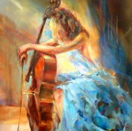 Painting - sad, painting, lady, violin