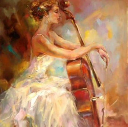 Painting - sad, painting, lady, violin