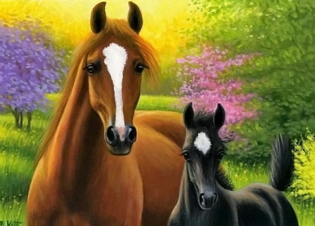 Mother' Love - horses, painting, abstract, mother