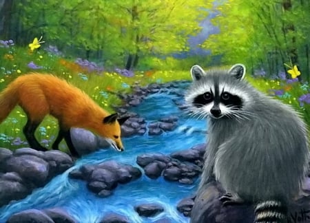 Painting - fox, painting, blue, raccoon