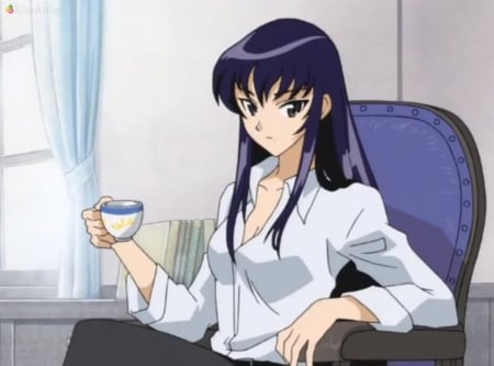 Care 4 Some T - beauty, nice, female, hot, anime girl, black hair, pretty, anime, maiden, sexy, lady, girl, shirt, tea, long hair, lovely, school rumble, chair, beautiful, sweet