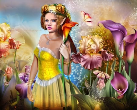 ~Iris Valuable~ - girls, love four seasons, photomanipulation, beautiful, models, butterfly designs, fantasy, softness beauty, woman, face, iris valuable, flowers, weird things people wear, digital art, beautiful girls, creative pre-made, lovely, female, hair, backgrounds