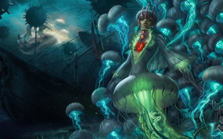 Nami - game, league of legends, blue, nami, medusa, fantasy, green, digital, art