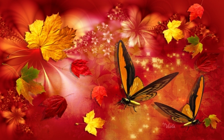 Autumn Feeling - Viola Tricolor, sparkle, yellow, art design, butterflies, orange, leaves, fall, feeling, autumn, red, lights, leaf