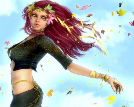 Whispering Wind in Fall - pretty, female, creative pre-made, beautiful, digital art, weird things people wear, fall season, lovely, 3-dimensional art, characters, autumn, 3D and CG, love four seasons