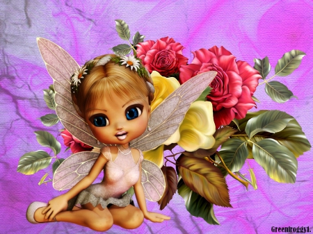 CUTE LITTLE ANGEL - flowers, cute, fantasy, angel