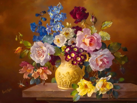 Still life - pretty, vase, roses, beautiful, fragrance, lovely, still life, bouquet, harmony, flowers, elegance, scent, painting, art