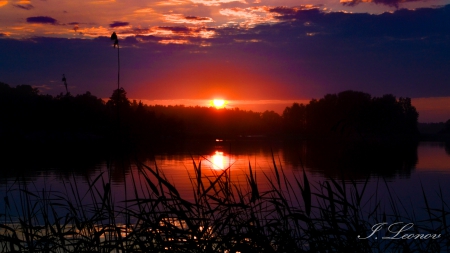 Gorgeous Sunset - dawn, sunset, red, forest, reflection, tree