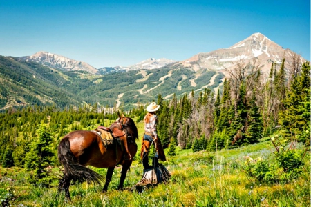 Mountain View - hat, saddle, cowgirl, trees, chaps, horse, mountain