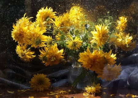 Bouquet - flowers, bouquet, yellow, water drops