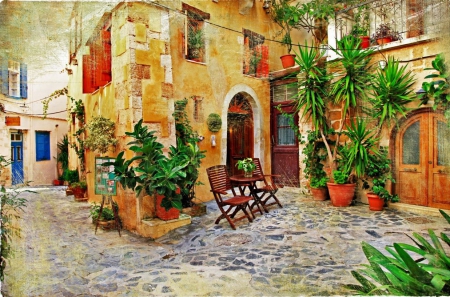 Italian Backyard - chairs, pots, plants, houses, cobblestone, artwork