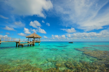 Rangiroa, French Polynesia - ocean, crystal green lagoon, sky, paradise, summer, tropical, rocks, pier, walkway, clouds, beautiful, island, sea, boat