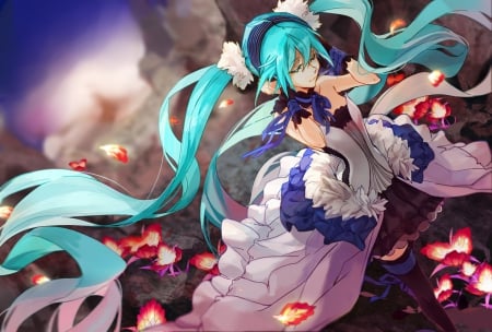 ♫ - pretty, anime, vocaloid, twin tail, female, greenhair, miku hatsune, twintail, dress, hatsune miku, long hair, gorgeous, hd, nice, twin tails, gown, anime girl, twintails, beautiful, girl, beauty, lovely, sweet, flower, petals, cg, miku, awesome, hatsune, vocaloids