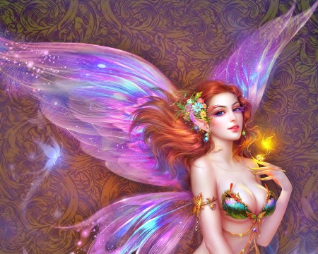 Elfan Fairy - beauty, wings, flowers, fairy, red hair, fantasy