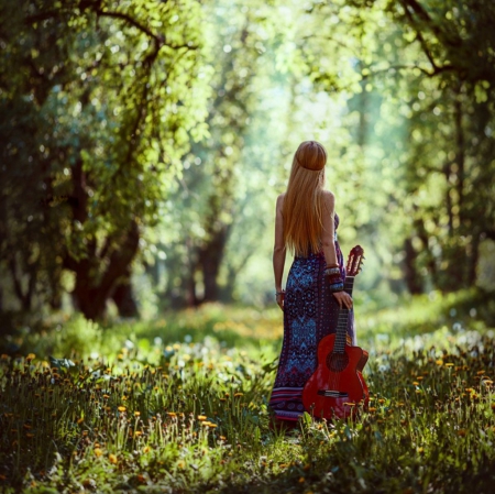 Beauty - forest, lady, guitar, model