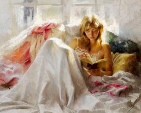 Painting - lady, painting, reading, book