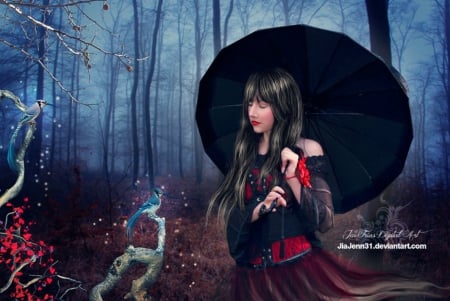 Magic Blue Jay - bluejay, fantasy, umbrella, lady