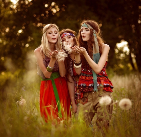 Beauty - flowers, field, blowing, ladies