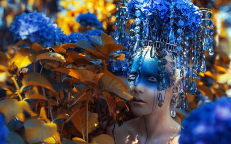 Nature's beauty - woman, autumn, mask, girl, jewel, make-up, leaf, model, blue, orange