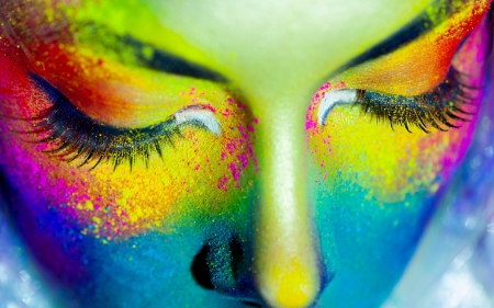 Painted face - paint, yellow, blue, girl, make-up, rainbow, red, green, woman, face