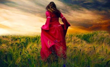 Run Lady, Run... - gown, running, beautiful, photography, dress, girl, beauty, grass, fantasy, nature, costume, red, digital, woman, art, wallpaper